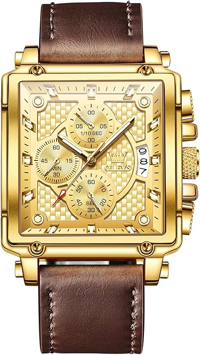 OLEVS Men's Chronograph Leather Watch, Big Face Easy to Read Analog Quartz Dress Watch, Casual Waterproof Luminous Hands Date Watches for Men, White/Blue/Black/Gold Dial