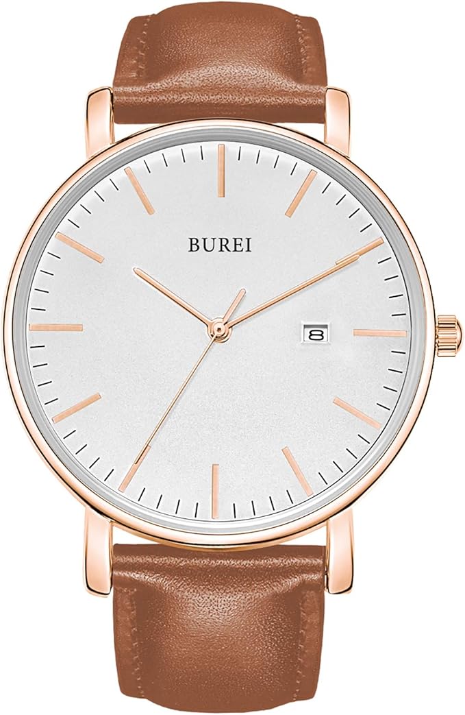 BUREI Men Watches Brown Leather Fashion Minimalist Wrist Watch Simple Ultra Thin Waterproof Quartz Watches All Black Stainless Steel Mesh Band,Gift for Men Women