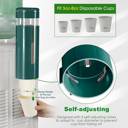 Wall Mounted Cup Dispenser for 5oz-8oz Disposable Cups - Pull Type Water Cooler Cup Holder with T-Shaped Window & Iron Clips, Dustproof Design for Family Bathroom, Office, Gym, Clinic (Green)