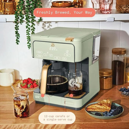 Beautiful Multi-Brew Coffee Maker – 12-Cup Carafe & Single-Serve Pod or Grounds, Iced Coffee Mode, Programmable Touch Display, Includes Filters (Sage Green)