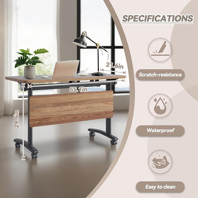 Conference Table, Foldable Conference Room Tables with Silent Wheels, Folding Modular Seminar Meeting Tables, Modern Rectangle Training Table for Office, Boardroom (2, Wood, 55.1)