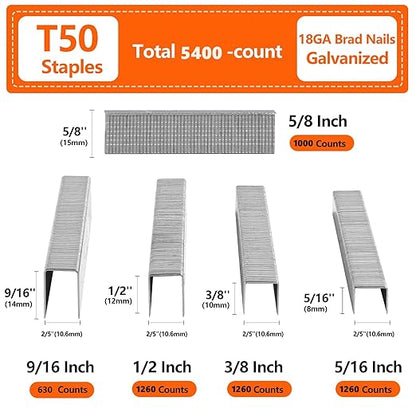 Heavy Duty T50 Staples 5400-Count 5 Sizes Includes: 5/16",3/8",1/2",9/16" Staples+5/8" Brad Nails, 20 Gauge Galvanized Assorted Size Project Pack