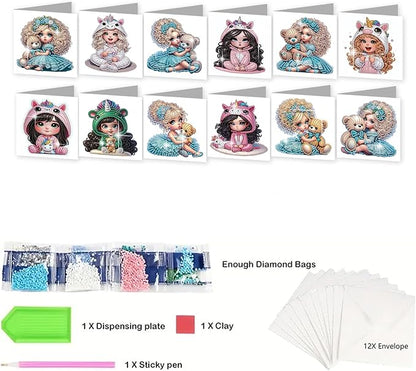 jinglinhh 12pcs Diamond Art Painting Little Girl Bear Greeting Cards with Envelopes, DIY Card Making Kits for Adults, Diamond Art Postcards Christmas Cards Craft Gifts