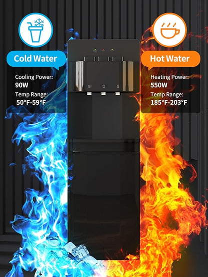 TABU Bottom Loading Water Cooler Dispenser with 3 Temperature Settings of Hot, Cold, Room Water, 3 or 5 Gallon Water Dispenser with Anti-Scalding & Child Safety Lock, Black