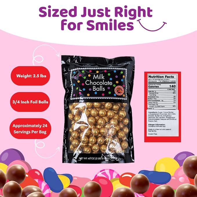 ALBERT'S Candy Milk Chocolate Foiled Balls, 40 oz Bag, Party and Wedding Candy, Peanut-Free (Full Size, Gold)