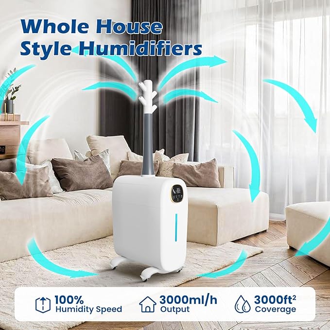 Humidifier for Large Room Home 3000 sq.ft, 6.6Gal/25L Whole House Humidifier, Cool Mist Top Fill Floor Commercial and Industrial Humidifiers with 360°Nozzle, 3 Speed,Plant,Office,White