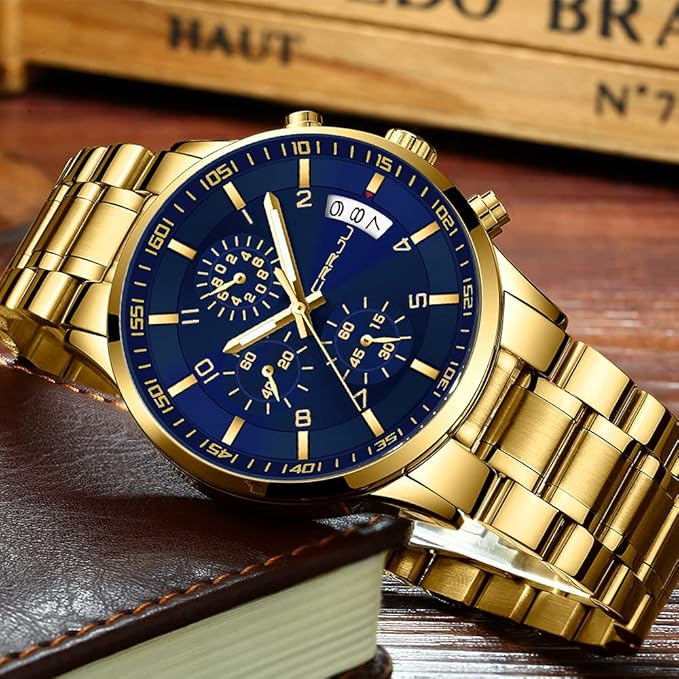 CRRJU Men's Fashion Stainless Steel Watches Date Waterproof Chronograph Wristwatches,Black Steel Band Waterproof Quartz Watch for Men