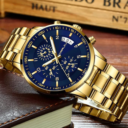 CRRJU Men's Fashion Stainless Steel Watches Date Waterproof Chronograph Wristwatches,Black Steel Band Waterproof Quartz Watch for Men