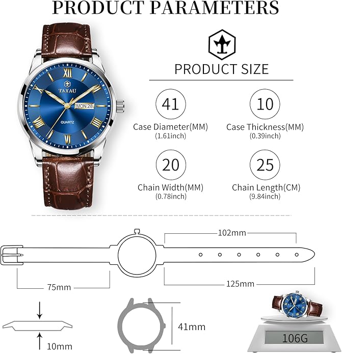 Men's Watch Big Face Easy Read Arabic Numeral Dress Watches for Men Classic Black Brown Leather Band Analog Mens Wrist Watch with Day and Date Fashion Business Waterproof Luminous Quartz Watch