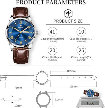Men's Watch Big Face Easy Read Arabic Numeral Dress Watches for Men Classic Black Brown Leather Band Analog Mens Wrist Watch with Day and Date Fashion Business Waterproof Luminous Quartz Watch