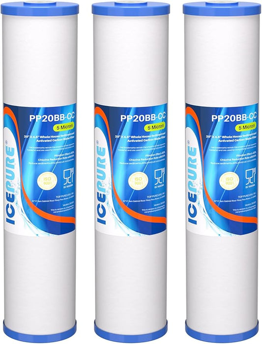 ICEPURE 5 Micron 20" x 4.5" Whole House Sediment and Carbon Water Filter Replacement Cartridge for AP810-2, SP-DD-5005-20BB, DGD-5005-20, FPMB5-20, P5-20BB, FP25B, SDG-45-2005, CMMF0520-45W1, 2PACK
