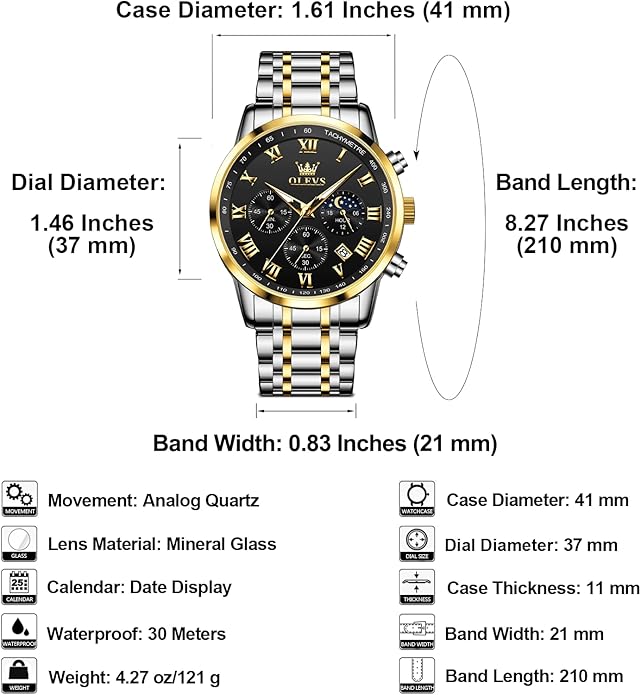 OLEVS Mens Stainless Steel Chronograph Watch, Big Face Roman Numerals Date Analog Quartz Dress Watches for Men, Fashion Multifunctional Waterproof Luminous Hands Men's Wristwatch