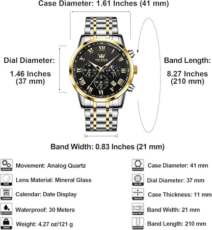 OLEVS Mens Stainless Steel Chronograph Watch, Big Face Roman Numerals Date Analog Quartz Dress Watches for Men, Fashion Multifunctional Waterproof Luminous Hands Men's Wristwatch