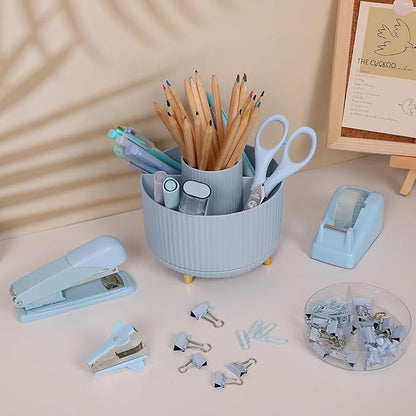 SKYDUE Desk Organizers and Accessories 10Pcs, 360-Degree Rotating Pen Holder, Stapler, Staple Remover, Tape Dispenser,2pcs Tape Refills, Binder Paper Clips Kit, Scissor (Blue)