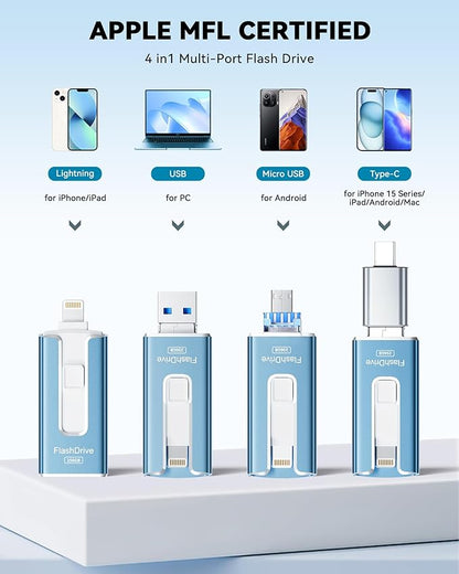 MFi Certified Flash Drive for iPhone iPad 256GB, Photo Stick for External Memory Storage, Easily Back Up and Save Photos Videos, USB Memory Stick Thumb Drive for iPhone/iPad/Android/PC (Sky Blue)