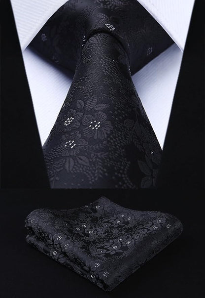 HISDERN Men Floral Ties Woven Classic 3.4" Necktie Set Formal Tie Pocket Square for Wedding with Handkerchief Gift Box