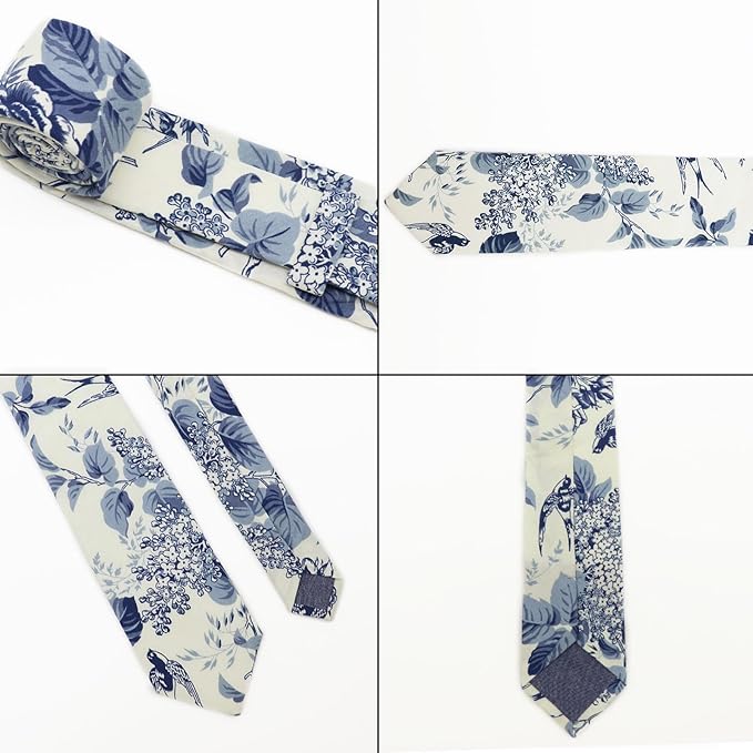 Cotton Floral Ties for Men 2.76" Men's Skinny Tie Linen Flower Printed Neck Tie for Wedding Dating Party