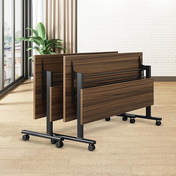 Conference Room Table, 55 Inch Folding Conference Tables with Wheels, Modern Office Meeting Table, Easy Flip & Nest Design, Rectangular Seminar Tables with Metal Frame for 2-24 People(D 2PCS)