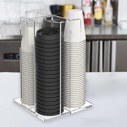Tirifer Cup and Lid Holder, Coffee Cup Dispenser, Acrylic Cup Storage Organizer, Disposable Paper Cup Storage Holder with 4 Compartments for Countertop Coffee Station Bar Restaurant, Clear