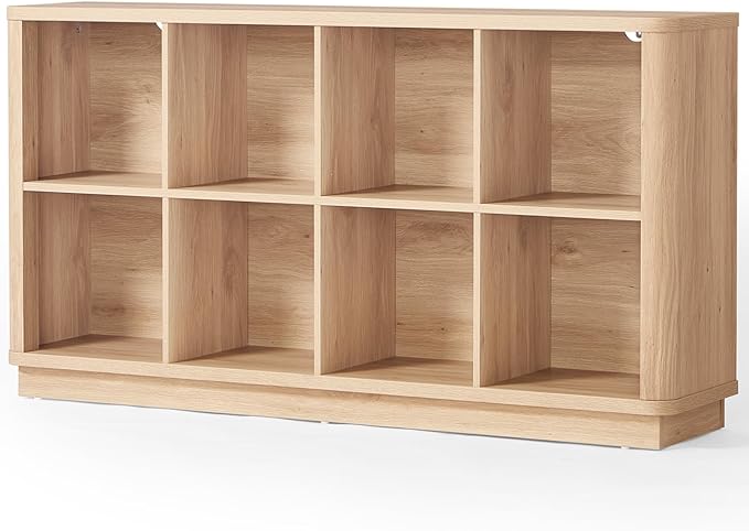8 Cube Storage Book Shelf, 52" Long Horizontal Bookshelf with Curved Edge, Floor Standing Wooden Cubby Bookcase with Base, Modern Low Console Book Case, TV Stand for Living Room, Natural Oak
