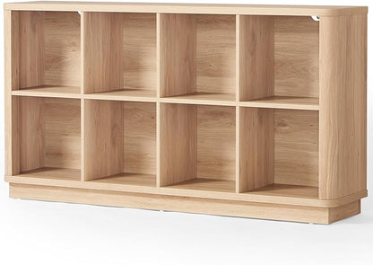 8 Cube Storage Book Shelf, 52" Long Horizontal Bookshelf with Curved Edge, Floor Standing Wooden Cubby Bookcase with Base, Modern Low Console Book Case, TV Stand for Living Room, Natural Oak