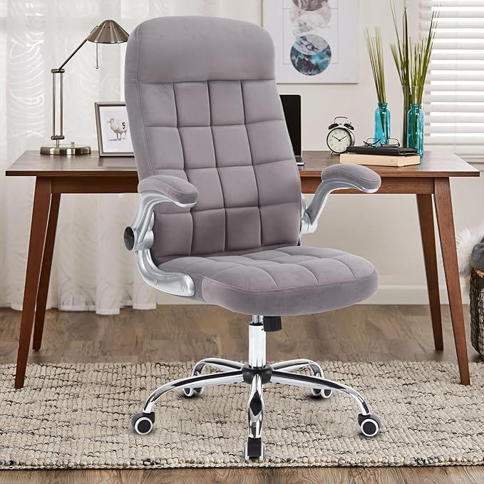 High Back Fabric Office Chair, Velvet Executive Desk Chair with Flip-Up Arms, Ergonomic Office Desk Chair with Lumbar Support, Upholstered Home Computer Chair with Wheels(Grey)
