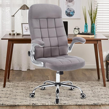 High Back Fabric Office Chair, Velvet Executive Desk Chair with Flip-Up Arms, Ergonomic Office Desk Chair with Lumbar Support, Upholstered Home Computer Chair with Wheels(Grey)