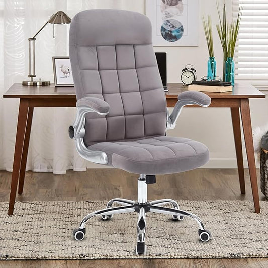 High Back Fabric Office Chair, Velvet Executive Desk Chair with Flip-Up Arms, Ergonomic Office Desk Chair with Lumbar Support, Upholstered Home Computer Chair with Wheels(Grey)