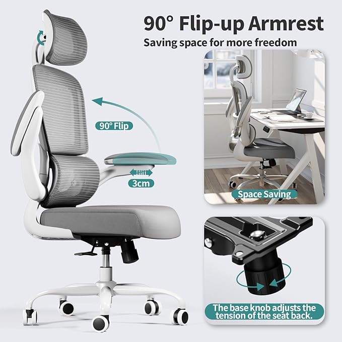 TRALT Office Chair Ergonomic Desk Chair, 330 LBS Home Mesh Office Desk Chairs with Wheels, Comfortable Gaming Chair, High Back Office Chair for Long Hours (Light Grey)