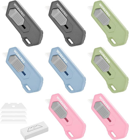 WORKPRO 8PCS Ceramic Small Safety Box Cutter, Automatic Rebound Mini Letter Opener, Quick Change Retractable Blade Razor Knife, with Extra Blades