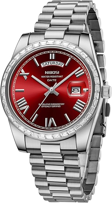 NIBOSI Men's Watches Analog Quartz Diamond Bezel Stainless Steel Dial Rose Gold Silver Watches for Men Waterproof Business Classic Dress Wrist Watch with Day Date