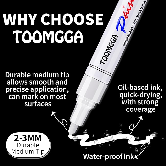 White Paint Pens Permanent Paint Markers - 12 Pack Oil Based Marking Pens, Medium Point, Quick Drying and Waterproof Pens for Rock Painting Car Tyre Metal, Plastic, Canvas, Wood
