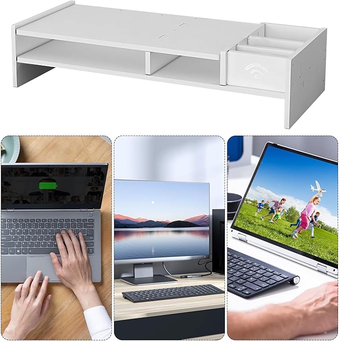 Monitor Riser - 3-Tier Desk Organizer Shelf For Office Supplies | Sturdy Wood Display Stand With Storage Compartments, Desktop Shelf For Reading, Study, Working, Gaming, And Home Workstations