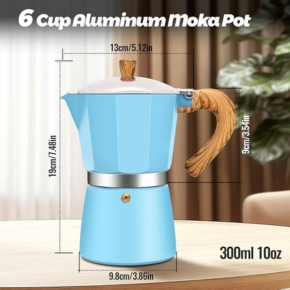 6 Cup Aluminum Moka Pot Classic Stovetop Espresso Coffee Maker 300ml 10oz Coffeemaker Percolator Mocha Pot Greca Coffee Maker Cafe Makers for Italian and Cuban Café Brewing Blue