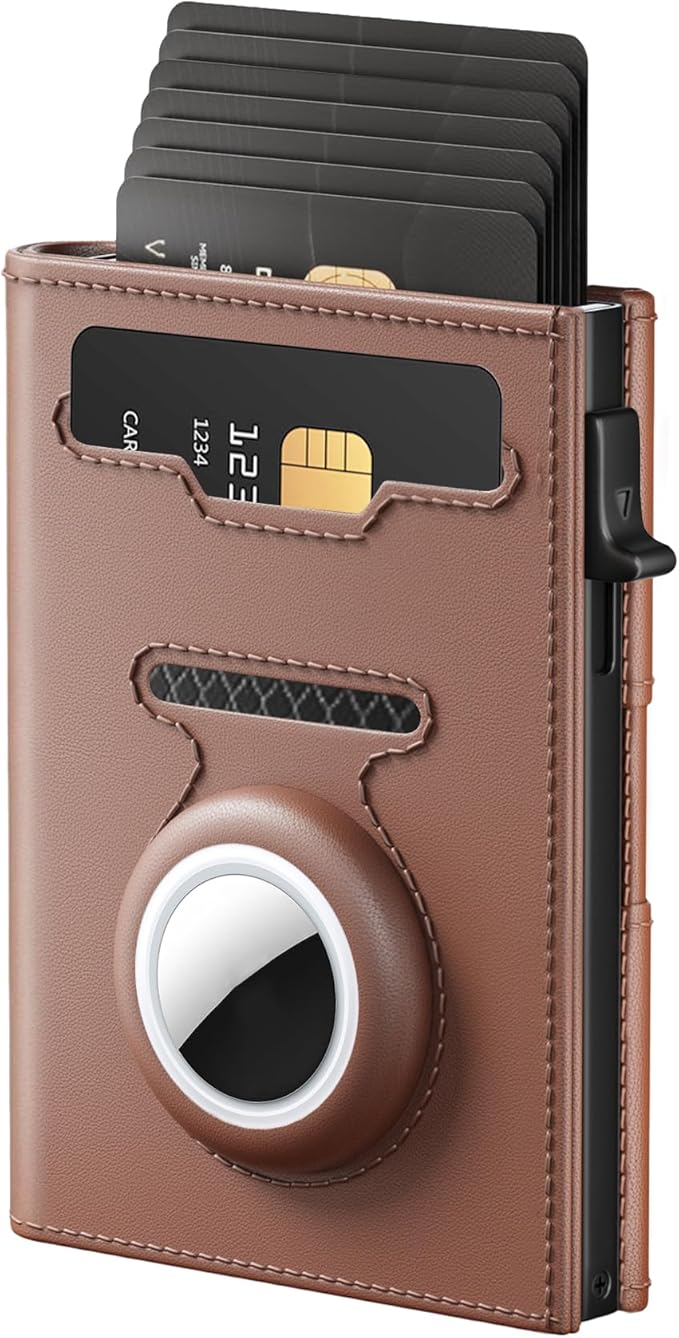 Mens Wallet Card Holder for Air Tag - RFID Blocking Wallet for Men with AirTag Holder, Smart Pop up Aluminum Case, Trifold, Slim, Minimalist, Front Pocket, Premium Leather - ID Window | Cash Slot