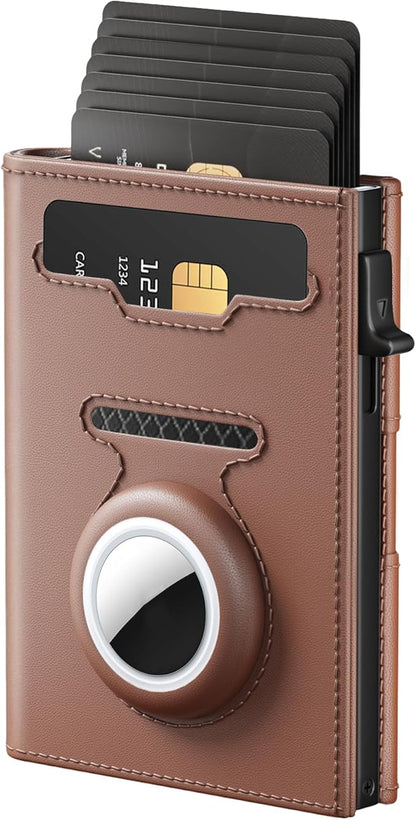 Mens Wallet Card Holder for Air Tag - RFID Blocking Wallet for Men with AirTag Holder, Smart Pop up Aluminum Case, Trifold, Slim, Minimalist, Front Pocket, Premium Leather - ID Window | Cash Slot