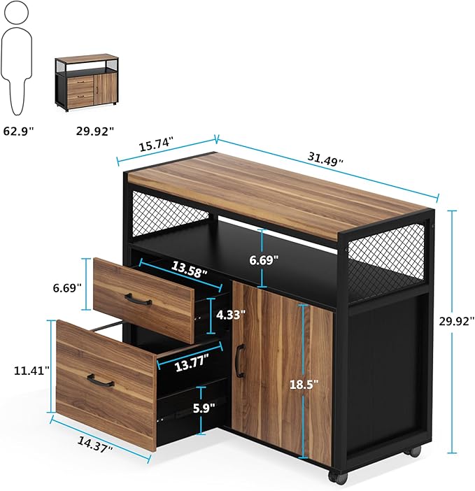 Tribesigns Modern File Cabinet with Drawers for Letter-Size, Lockable lateral Filing Cabinet Printer Stand with Door& Caster for Home Office.Desk Not Included