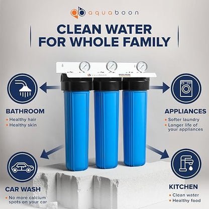 Aquaboon 3 Stage Whole House Water Filter System with 20" Water Filters Cartridges: Sediment, GAC, CTO | w/Wrench, Pressure Gauges & Buttons, Bracket