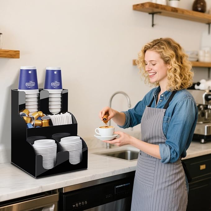 MYITYARD Coffee Station Organizer for Countertop, 3-Tier Coffee Bar Accessories, Acrylic Condiment and Cup Storage Organizer, 6 Compartments, Cup and Lid Holder for Pods, Syrup, Stirrer