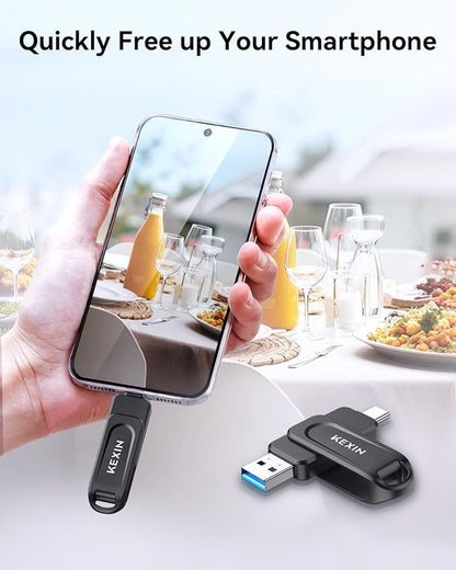 KEXIN 256GB Flash Drive Dual USB C Thumb Drive USB-A & Type-C 100MB/s Swivel USB Drive 256GB for Tablet iPhone 15/16 Car Game Console, Black