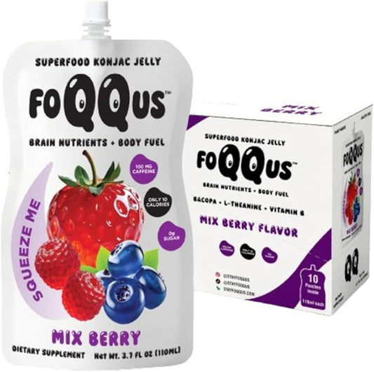 Mix Berry Konjac Jelly with Bacopa + Caffeine + L-Theanine (10 Pouches) | Low Calorie, 0g Sugar, Gluten-Free, Vegan & Keto | Drinkable Asian Snack | Nutrients for Gut Health & Focus