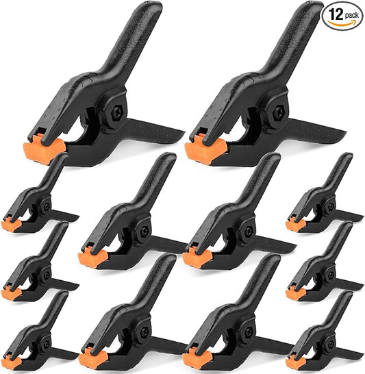 12 Pack Plastic Spring Clamps Set, 3 Sizes of Spring Clips 3.5 Inch, 4.5 Inch, 6 Inch Set, Black Heavy Duty Clips, Backdrop Clips, Woodworking Clamps, Plastic Clamps for Woodworking,Photography