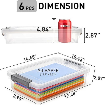 Citylife 6 PCS Clear Plastic Container Clip Box with Latching Lids, Stackable Document Paper Protectors Organizer Container for Office, Home, and School Supplies
