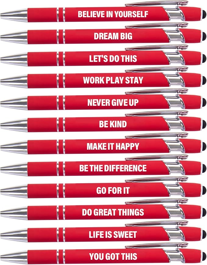 12 Pcs Red Fine Point Ballpoint Pens with Motivational Quotes and Stylus Tips
