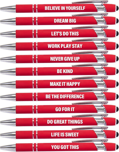12 Pcs Red Fine Point Ballpoint Pens with Motivational Quotes and Stylus Tips
