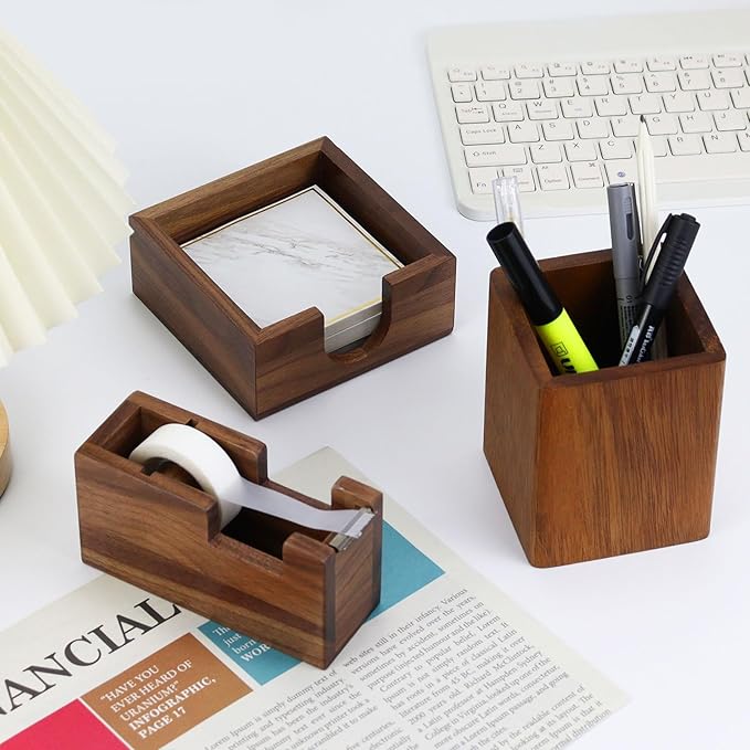 Natural Organizer Set of 3, Wooden Walnut Sticky Notes Holder Tape Dispenser Cutter and Pen Pencil Cup Holder for Women Office Home School