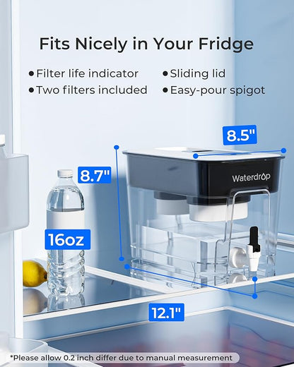 Waterdrop 40 Cup Dual Filter Dispenser, 8X Faster Filtration, 400-Gallon Lifespan, Water Filter Dispenser for Home/Office, 2 Replacements, 10X Longer Lifetime, Reduces Chlorine, PFOA/PFOS, Black