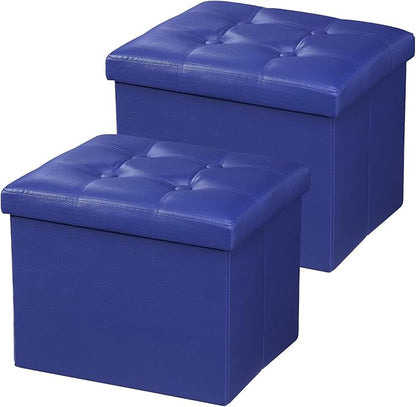 AmasSmile Storage Ottoman Folding Foot Rest Stool, Leather Footstool Bench, Short Ottoman Stool, Storage Foot Rest Store, Books (Blue-2pc, 17" D x 13" W x 13" H)