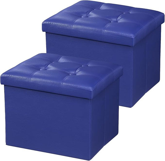 AmasSmile Storage Ottoman Folding Foot Rest Stool, Leather Footstool Bench, Short Ottoman Stool, Storage Foot Rest Store, Books (Blue-2pc, 17" D x 13" W x 13" H)