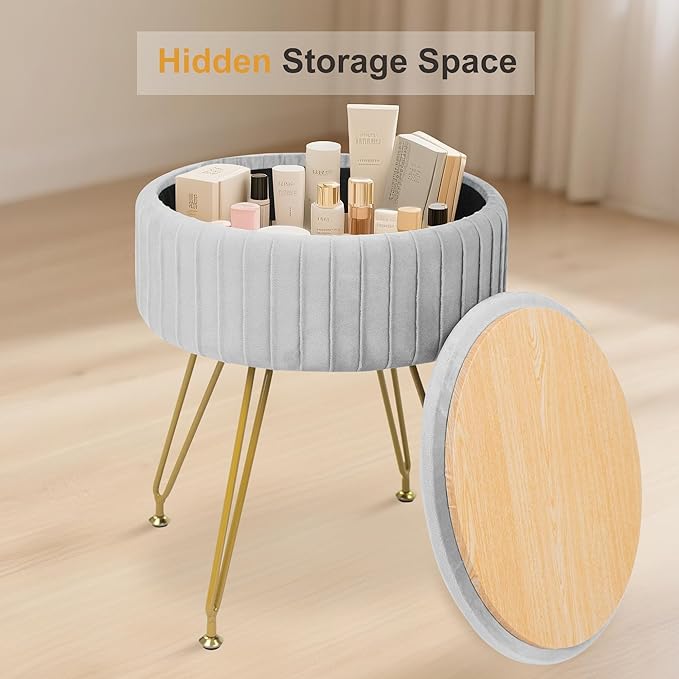 Round Vanity Stool with Storage Ottoman,Vanity Chair for Makeup Room with Removable Cover, Small Footrest Ottoman for Home, Living Room, Bedroom (Grey)